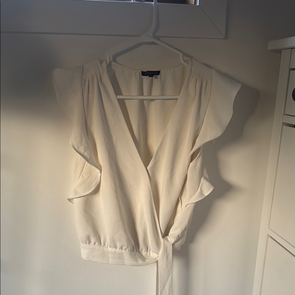 Dynamite Cream Wrap Tie Front Blouse
